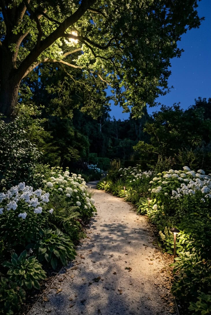 Garden at night lit from high in a tree, casting dappled leaf shadows over a pale path and white flowers