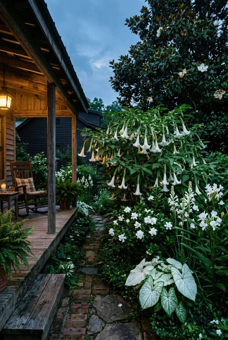 Southern porch garden at dusk with white angel's trumpet, gardenias, tuberose and white caladiums