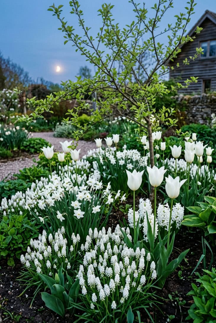 Spring bed of white tulips, white daffodils, hyacinths and white grape hyacinths at dusk