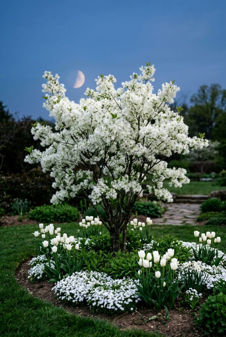 Fringe tree covered in frothy white flowers at twilight with a moon rising behind it