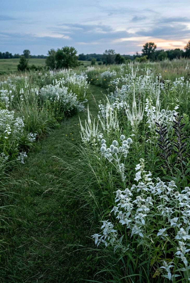 Native prairie planting of Culver's root, rattlesnake master and mountain mint with fireflies at dusk