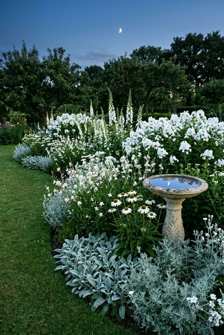 Curving border of white phlox, foxgloves and gaura with silver lamb's ears and a stone birdbath at dusk