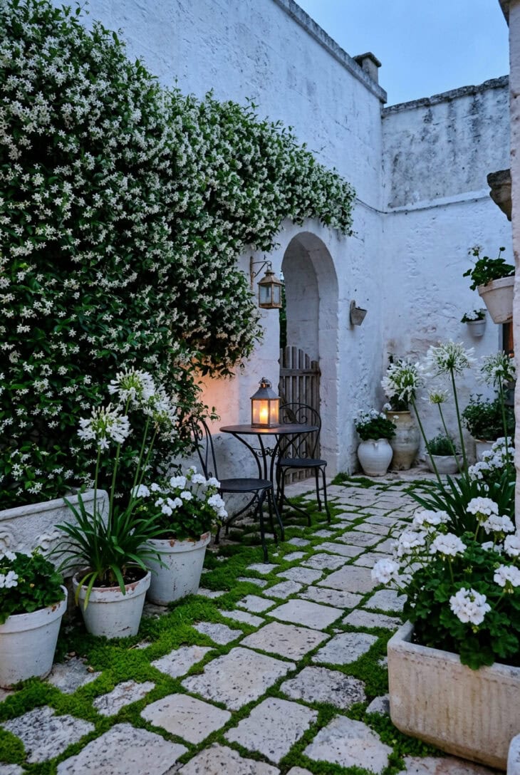 Whitewashed courtyard with star jasmine on the wall, white agapanthus in pots and moss between pavers at dusk