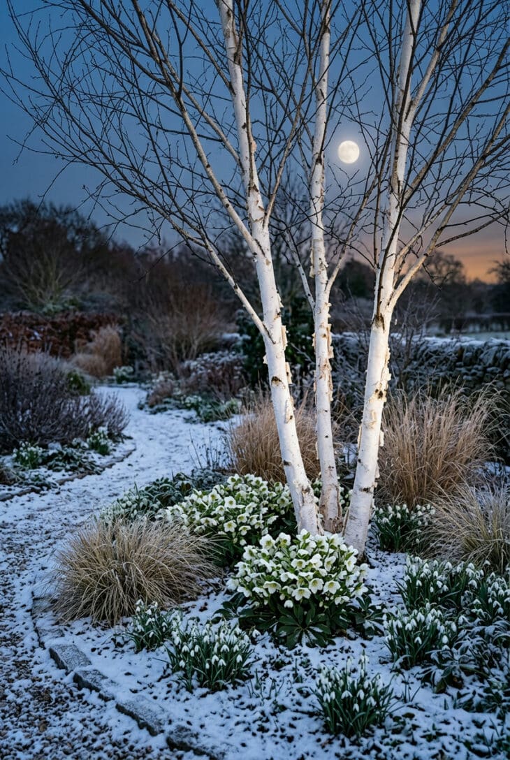 Grove of white-barked birches in snow with hellebores and snowdrops under a winter moon