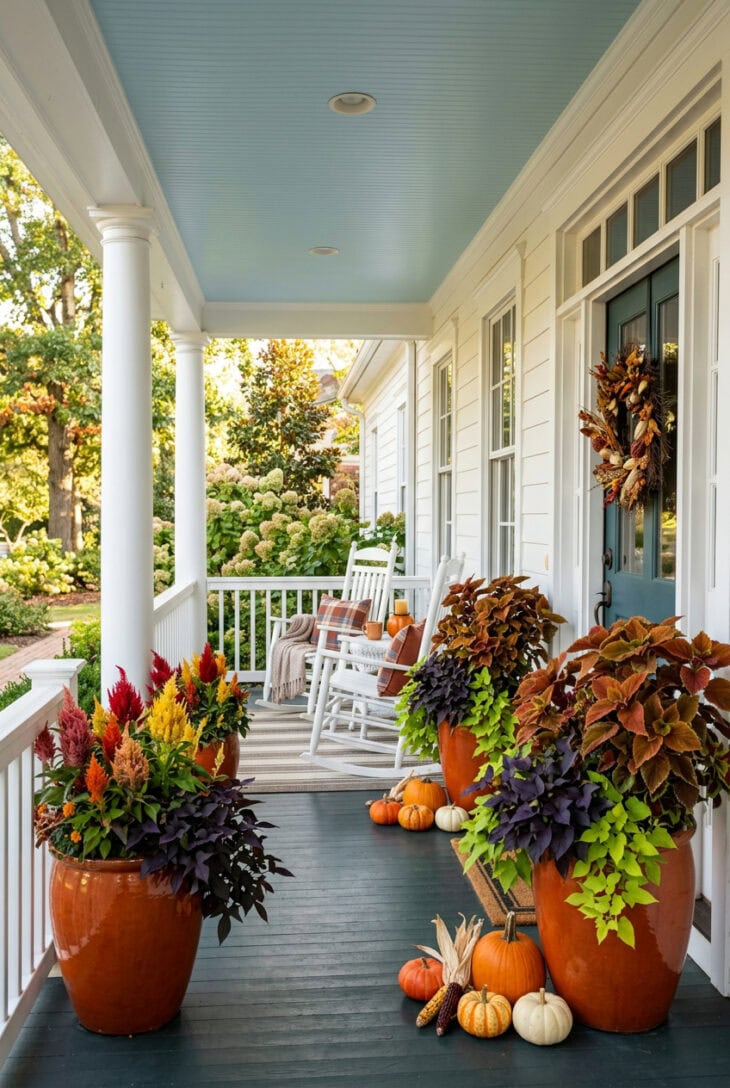 Sunny porch pots of red, orange and yellow plumed celosia with rust coleus and trailing purple heart