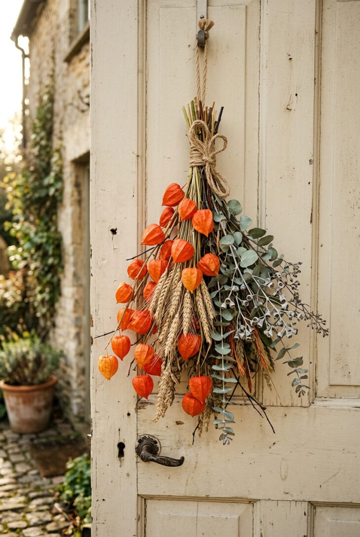 Door swag of dried orange Chinese lantern pods, golden wheat and silver eucalyptus tied with jute on a cream door