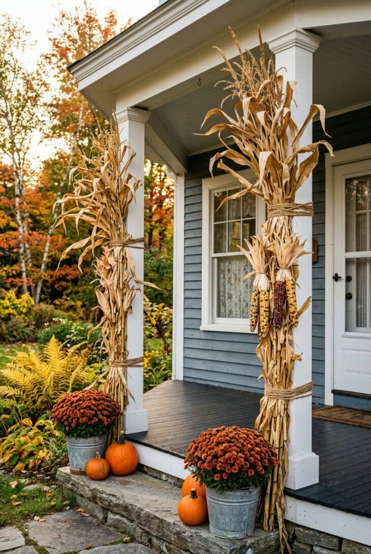 Dried corn stalk bundles tied to white porch columns with rust mums in galvanized buckets and pumpkins at the base