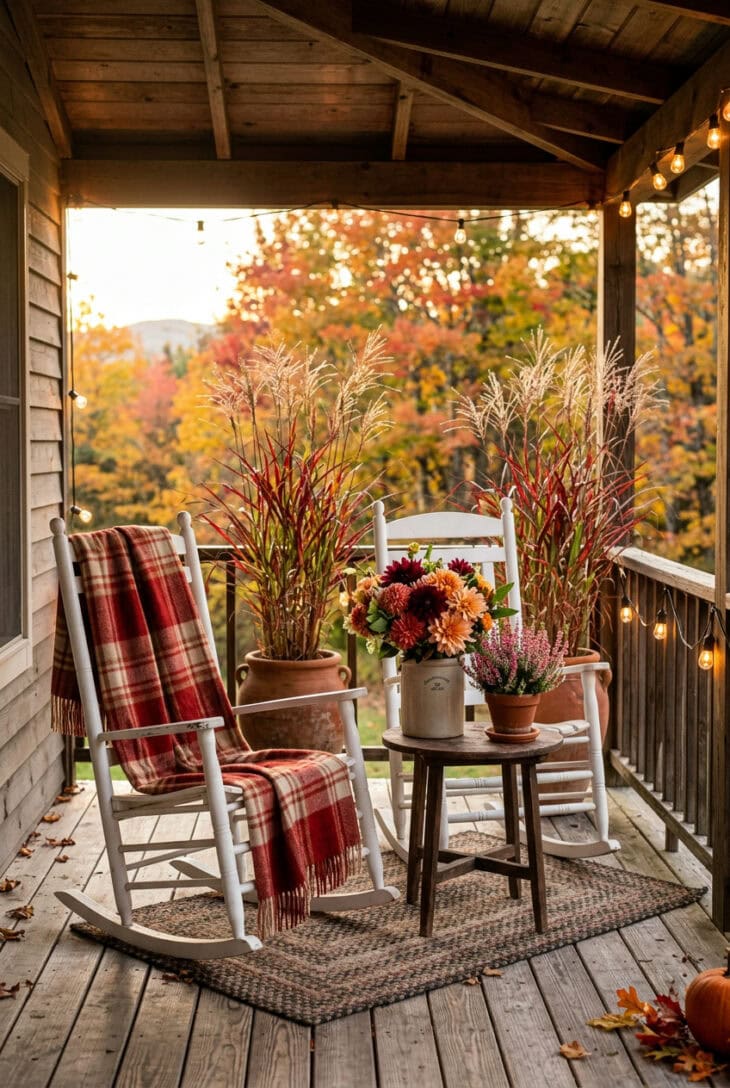 Porch corner with two rocking chairs, a plaid throw, a crock of dahlias and tall pots of red-tipped switchgrass