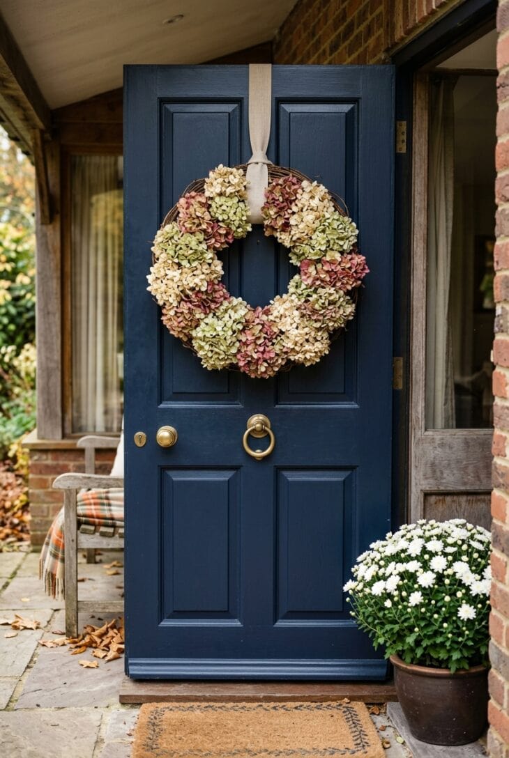 Wreath of dried hydrangea heads in cream, sage green, dusty rose and burgundy hanging on a navy front door