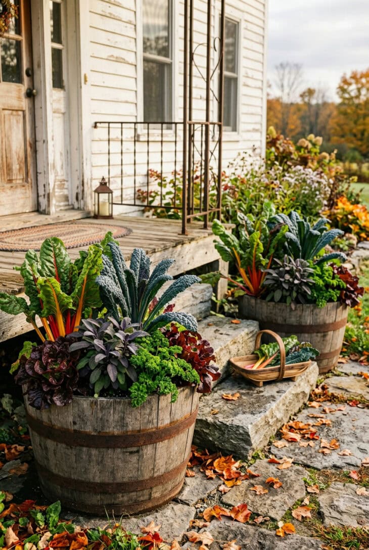 Half-barrel planters by a porch step with rainbow chard, purple kale, purple sage, parsley and burgundy lettuce