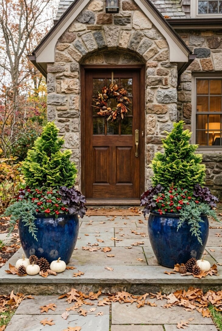 Blue glazed pots with golden dwarf Hinoki cypress, red-berried wintergreen, purple heuchera and trailing blue juniper