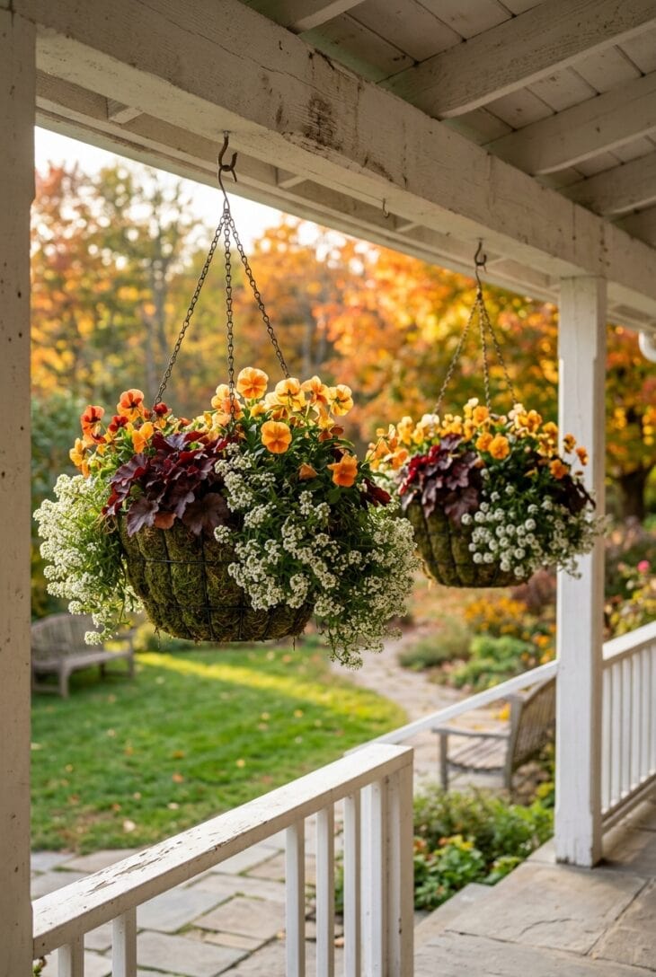 Moss-lined hanging baskets on a porch beam spilling with orange pansies, burgundy heuchera and white sweet alyssum