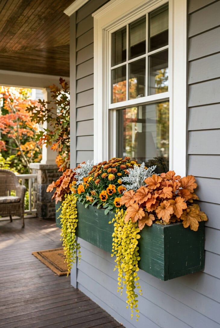 Green window box under a porch window with copper heuchera, silver dusty miller, button mums, orange pansies and trailing golden creeping jenny