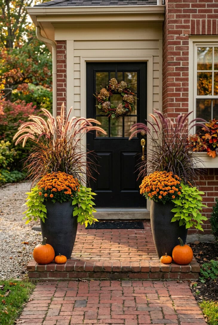 Pair of tall charcoal urns with burgundy fountain grass, orange mums and trailing chartreuse sweet potato vine beside a black door