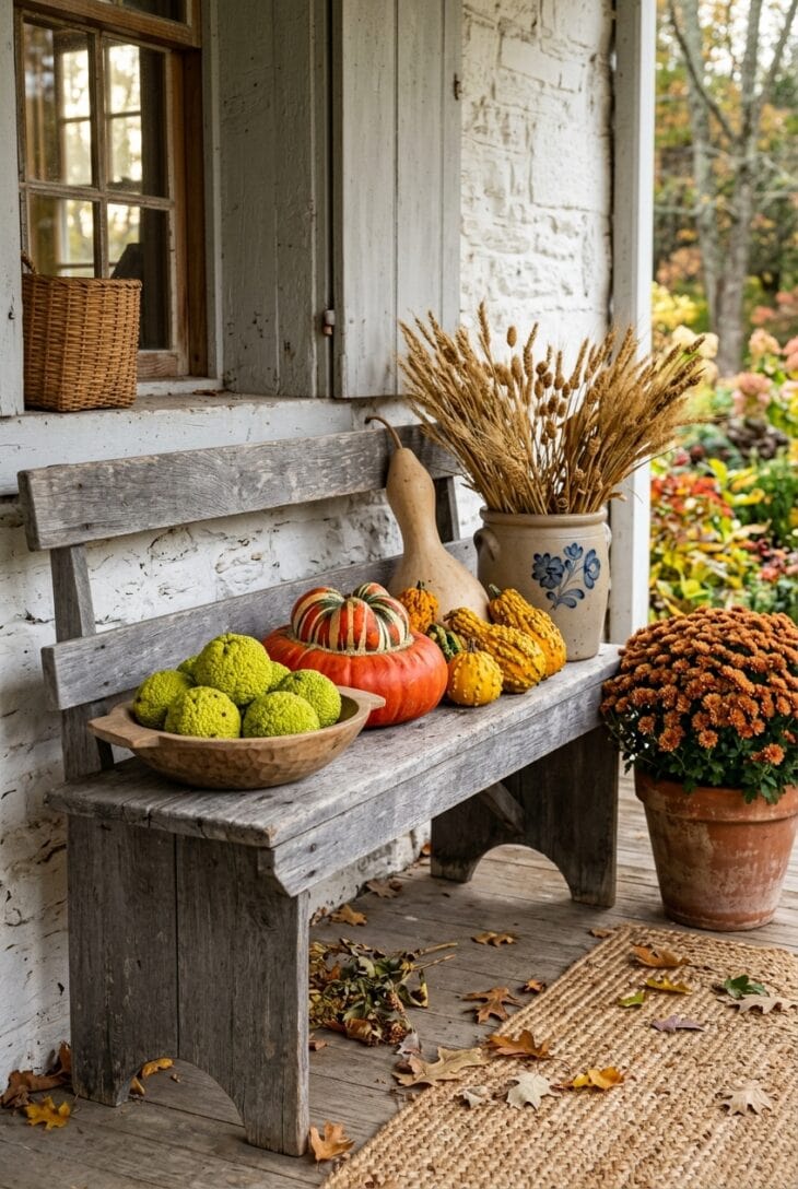 Weathered bench with chartreuse osage oranges, a Turk's Turban squash, warty gourds and a crock of dried wheat
