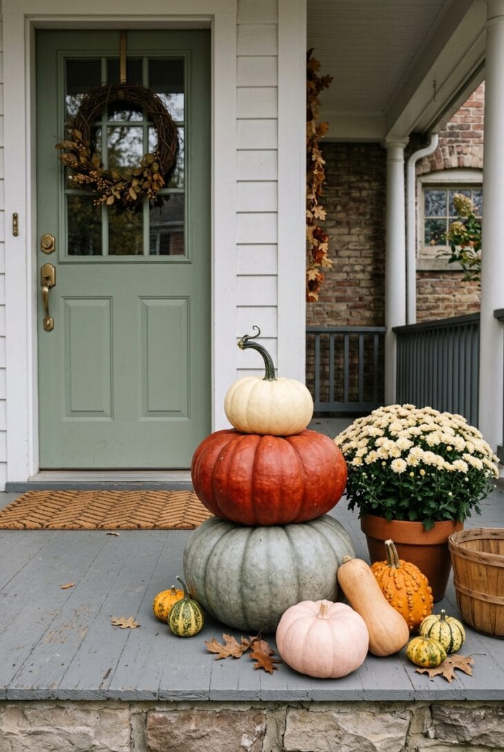 Stack of blue-gray, red-orange and white heirloom pumpkins beside a sage green door with more heirloom pumpkins at the base