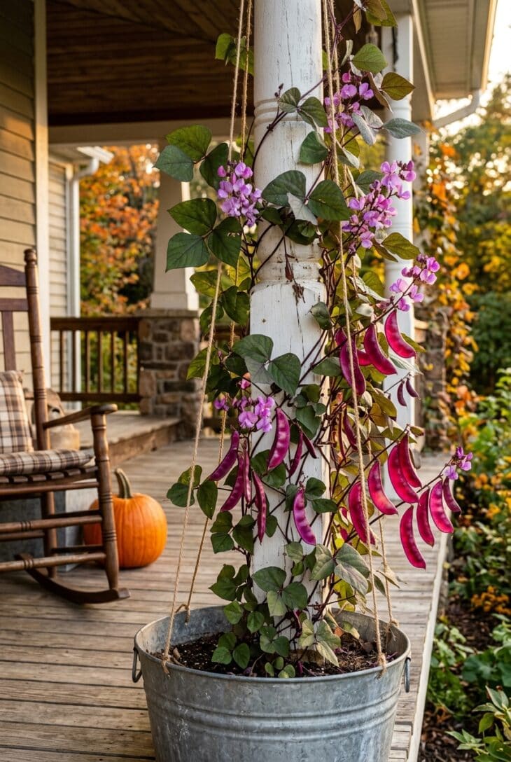 Hyacinth bean vine with lilac flowers and glossy purple pods climbing twine up a white porch post