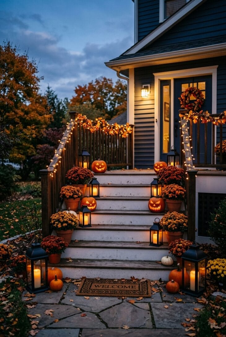 Porch steps at dusk lined with glowing lanterns, lit jack-o'-lanterns and rust mums under string lights