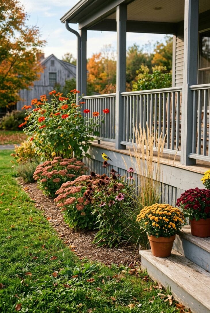 Bed along a gray porch with orange Mexican sunflowers, rust sedum, coneflower seedheads and feather reed grass