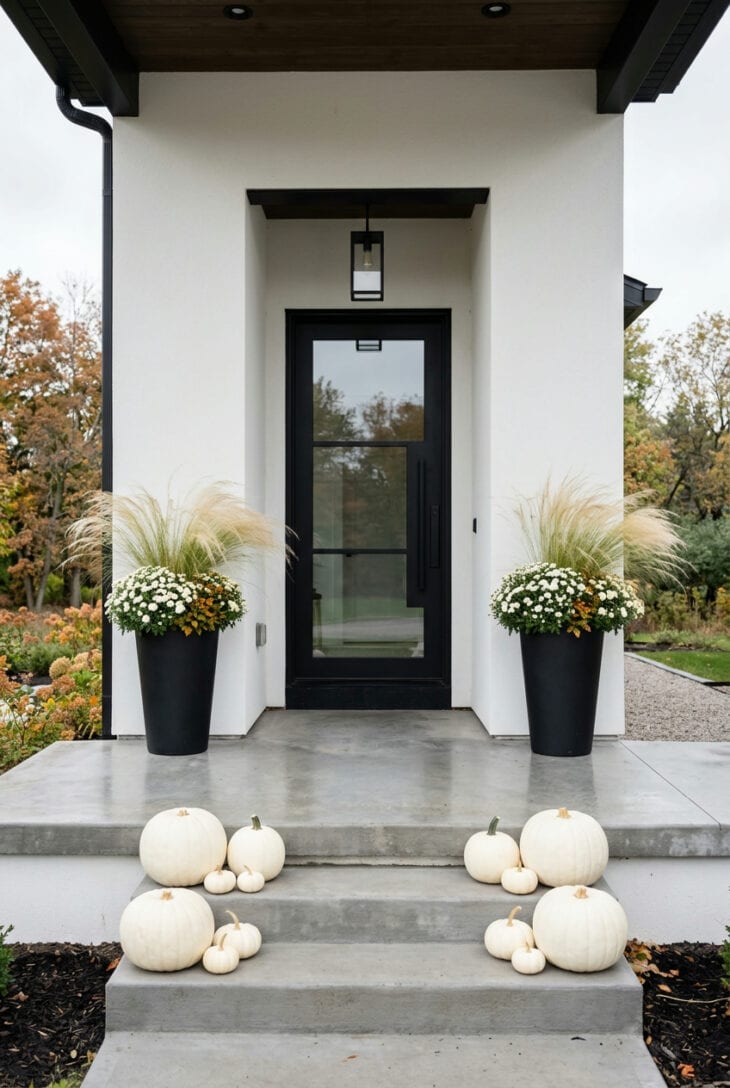 Modern porch with black cylinder planters of blond feather grass and white mums, and white pumpkins on concrete steps