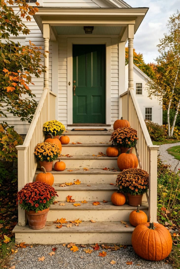 Porch steps lined on alternating sides with bronze, red and yellow potted mums and orange pumpkins in three sizes