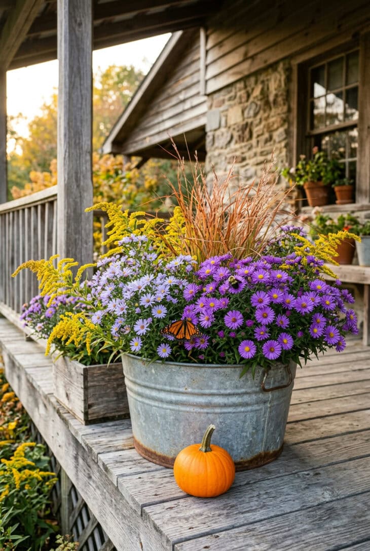 Porch planters of purple asters, golden goldenrod and copper little bluestem with bees and a monarch butterfly