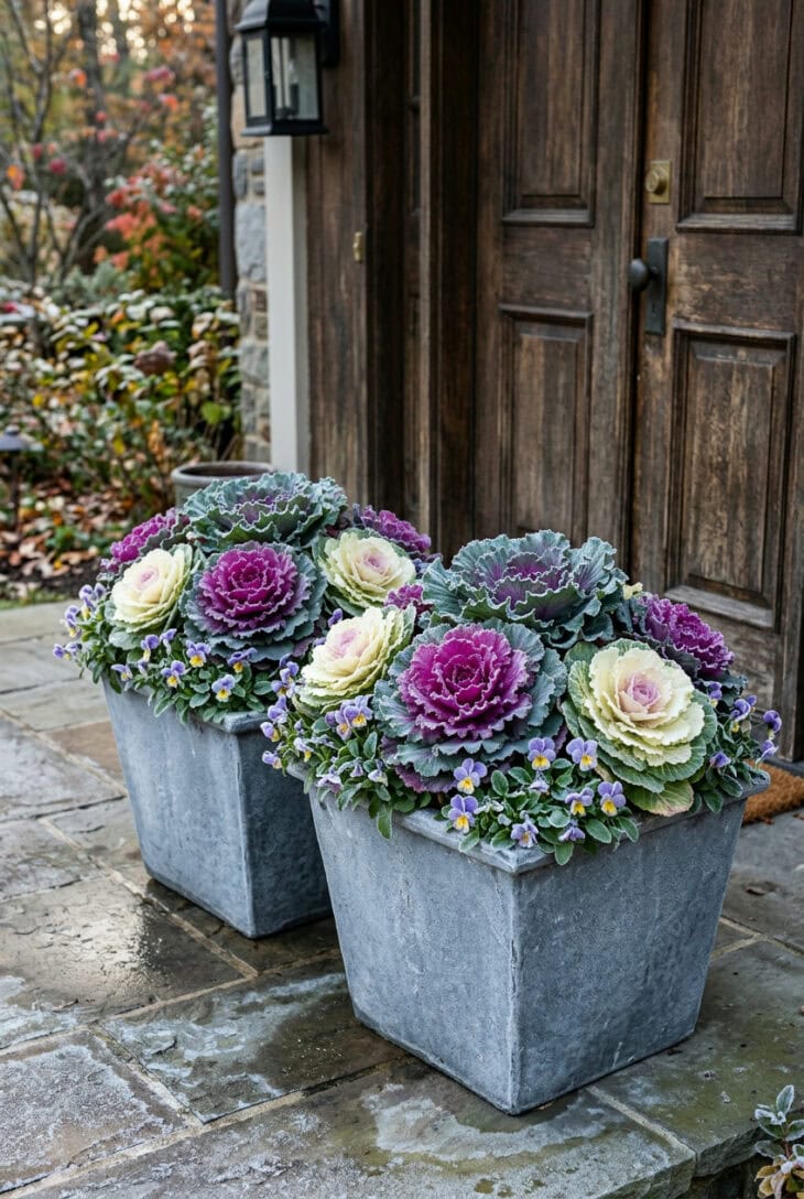 Square planters packed with magenta and cream ornamental kale rosettes and small violas, edged with morning frost