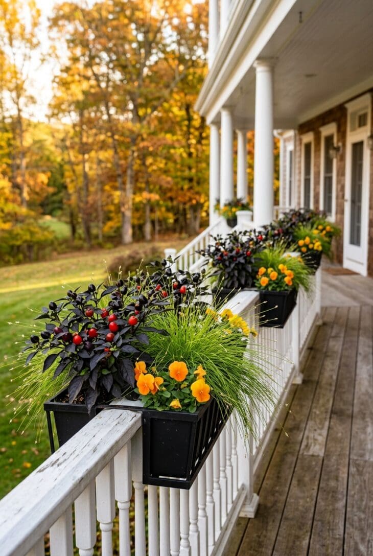 Over-the-rail planters on a white porch railing with black-leaved ornamental peppers, fiber optic grass and orange violas