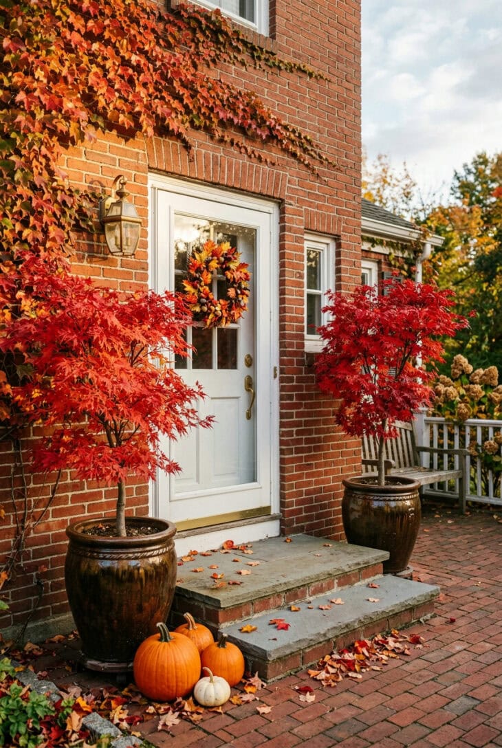 Pair of potted Japanese maples in scarlet fall color beside a white door on a brick porch with red Boston ivy
