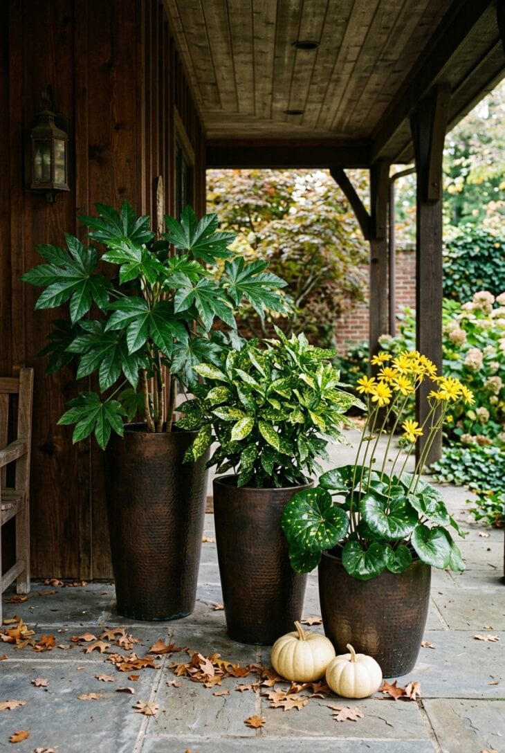 Grouped bronze planters on a shady porch with fatsia, gold dust plant and yellow-flowered leopard plant