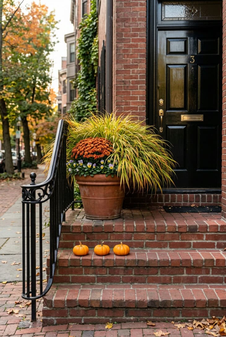 Single large terracotta pot of golden Japanese forest grass, orange mum and violas on a narrow brick stoop