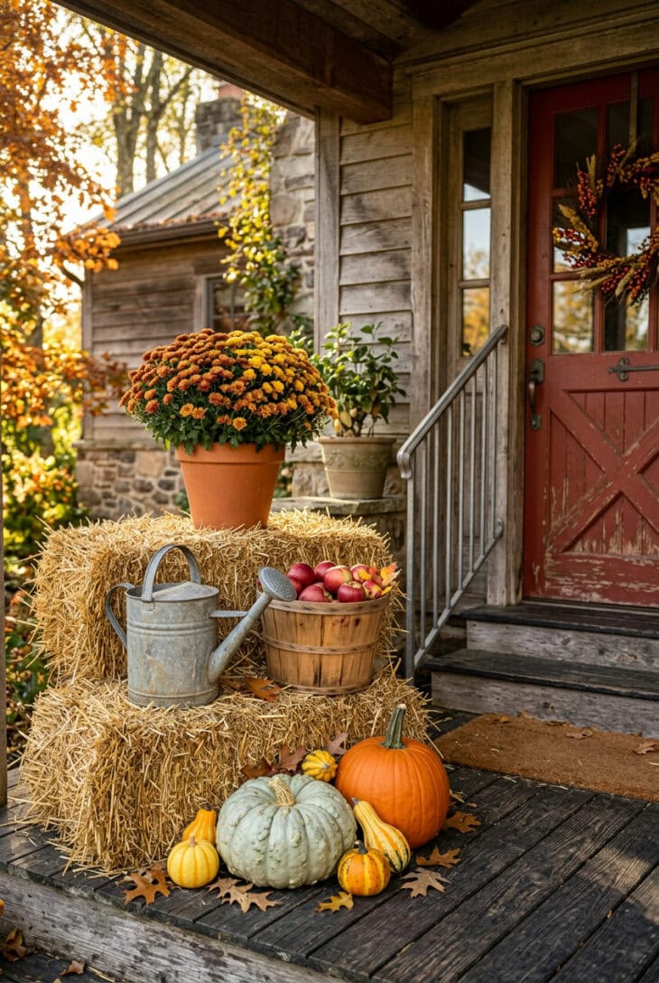 Stepped straw bales on a porch topped with mums, with pumpkins, gourds, a watering can and a basket of apples