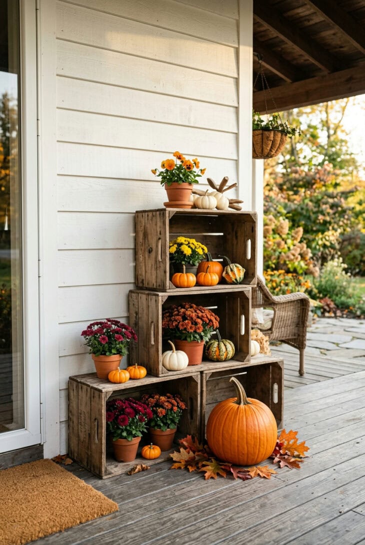 Stair-stepped wooden apple crates on a porch holding small mums, mini pumpkins, gourds and pansies