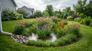 Backyard rain garden after a shower, with blue flag iris, swamp milkweed, Joe Pye weed and cardinal flower around a shallow pool of rainwater