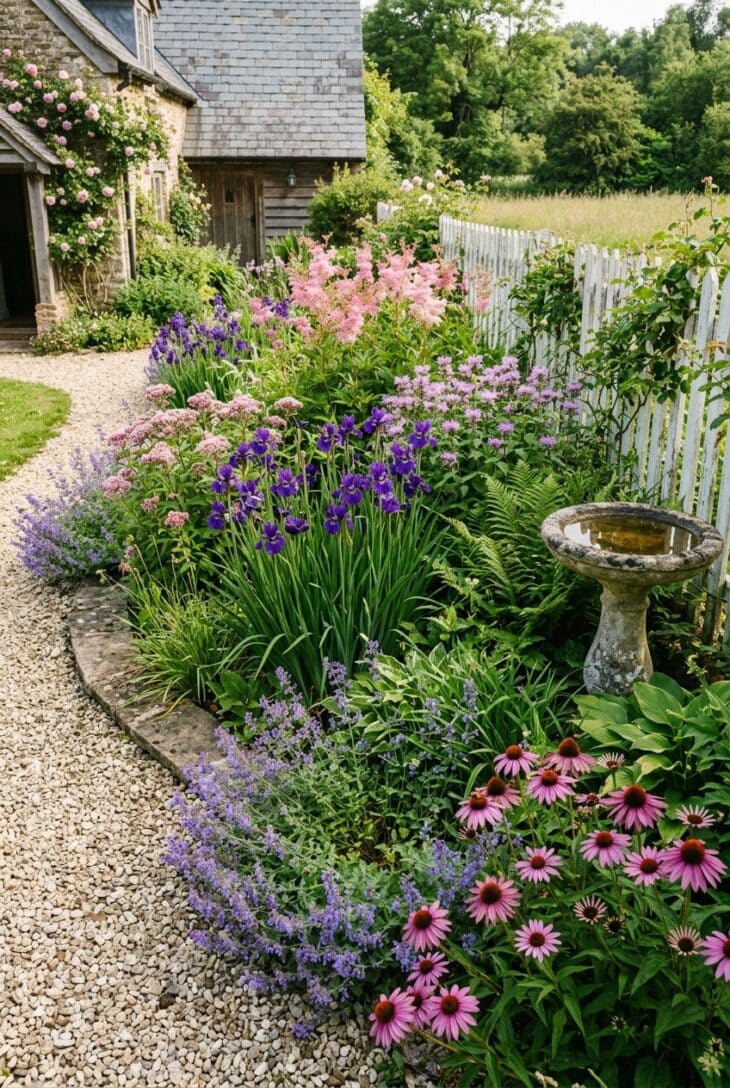 Cottage-style rain garden by a picket fence with Siberian iris, pink queen of the prairie and catmint spilling onto a path