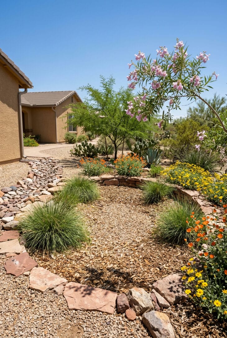 Sunken desert rainwater basin with a flowering desert willow, deergrass and orange globe mallow beside a stucco house