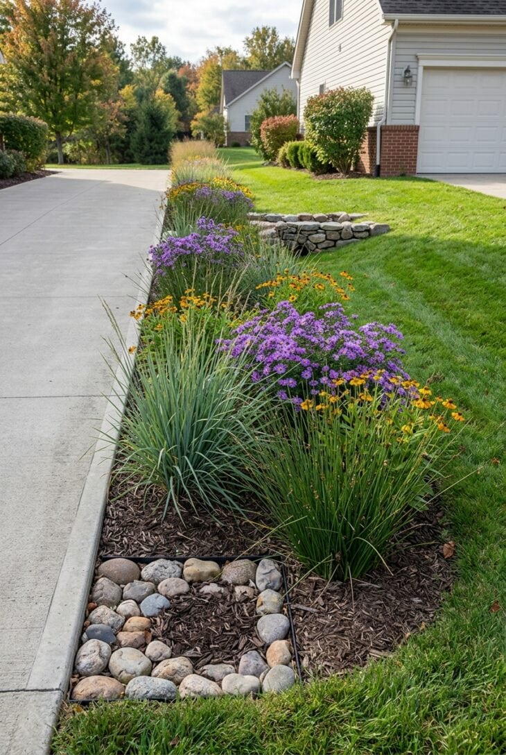 Planted swale of switchgrass, rush and asters running along a concrete driveway, with a cobblestone pocket at one end