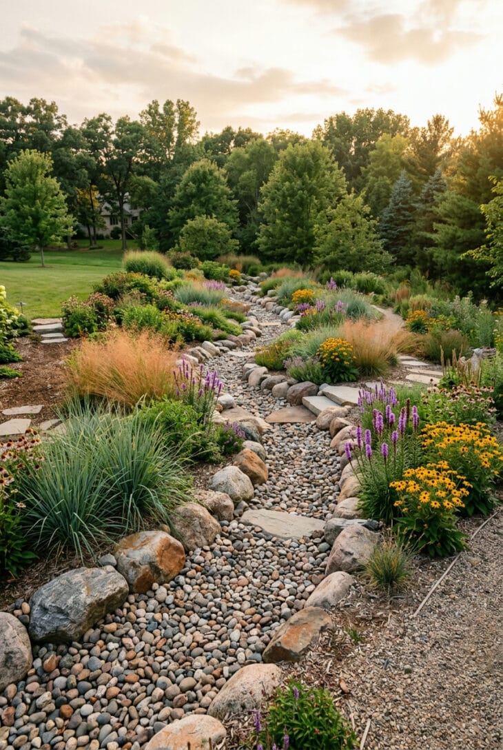 Winding dry creek bed of river rock and boulders edged with switchgrass, blazing star and black-eyed Susans
