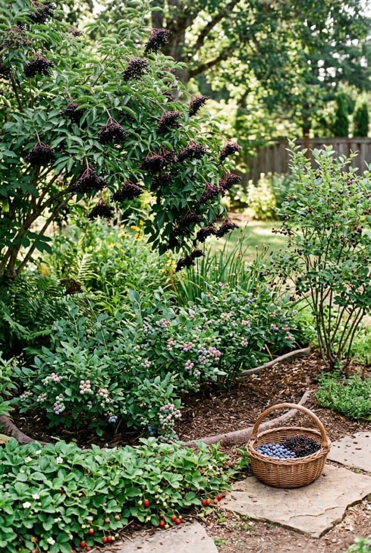 Rain garden of fruiting elderberry and highbush blueberries with a basket of picked berries on a stone