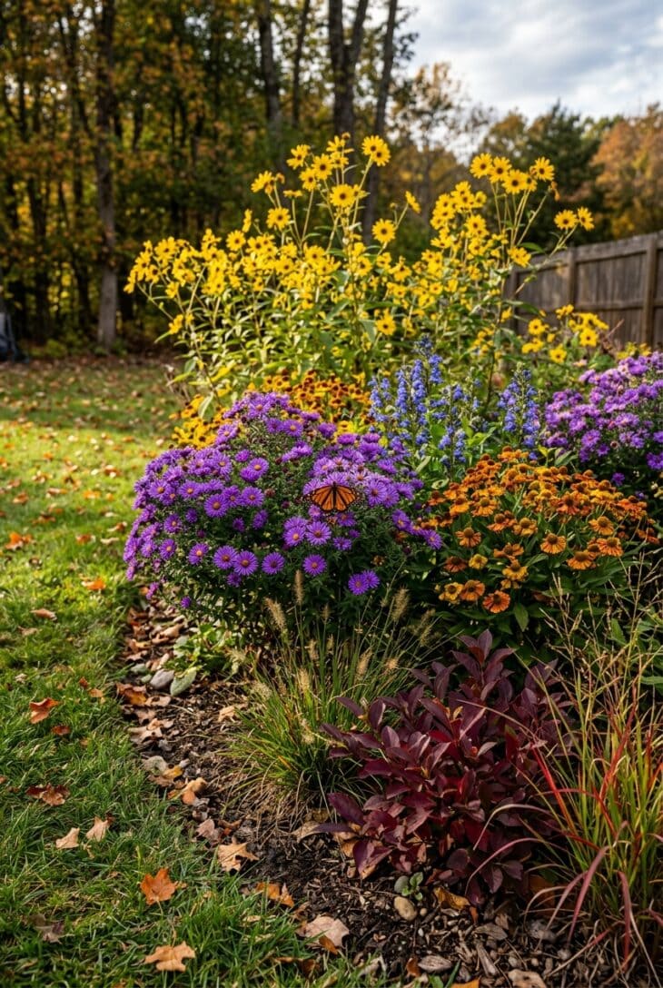 Autumn rain garden of golden swamp sunflowers, purple New England asters and red switchgrass with a monarch
