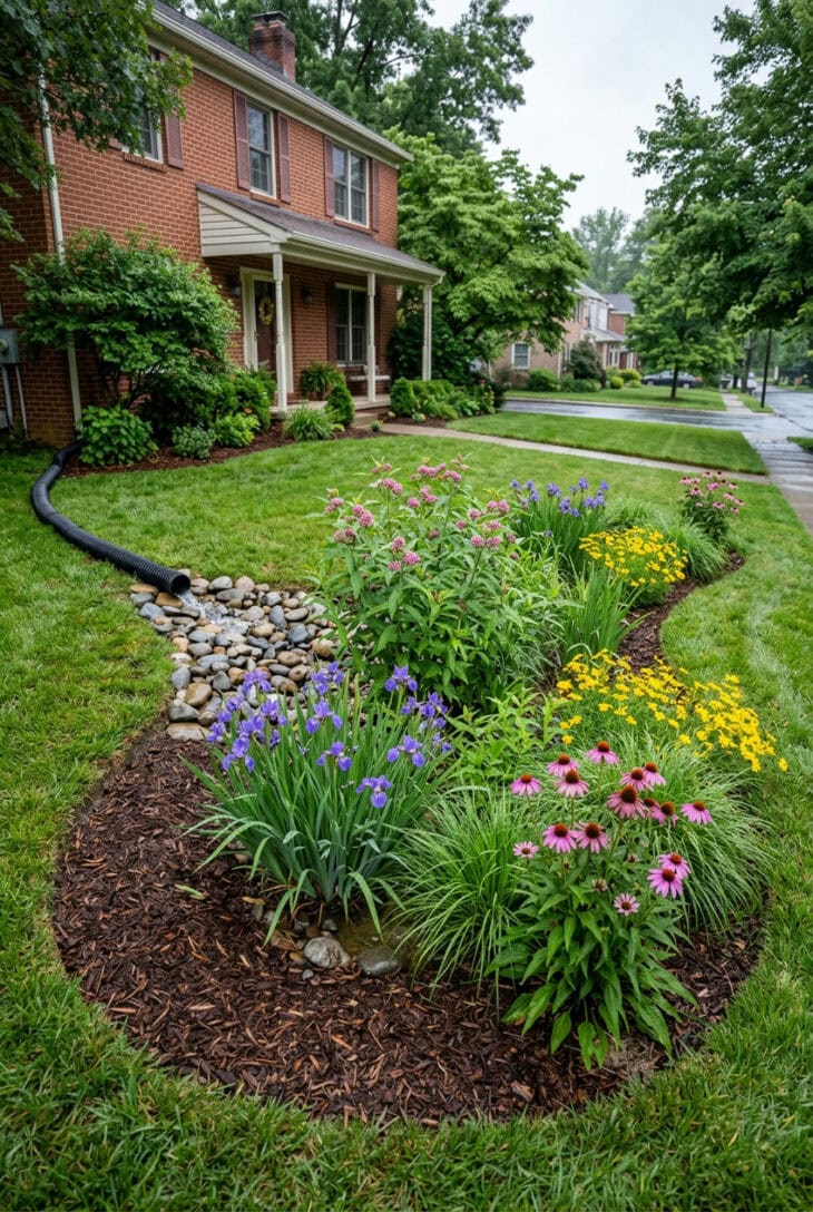 Kidney-shaped rain garden of blue flag iris and swamp milkweed in a front lawn, fed by a downspout pipe through river rock