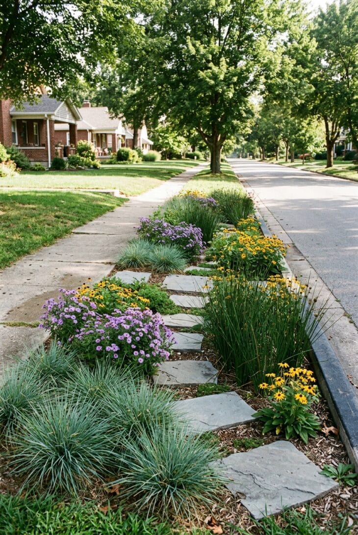 Sunken strip between sidewalk and street planted with low switchgrass, rush, asters and black-eyed Susans