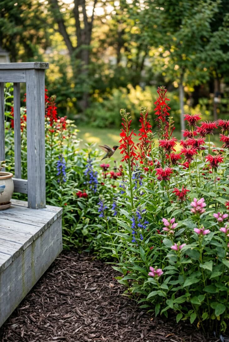 Rain garden of red cardinal flower, blue lobelia and pink turtlehead with a hummingbird feeding beside a deck
