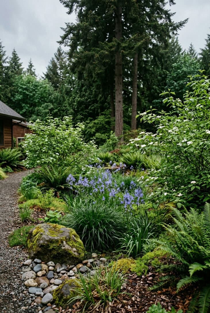 Pacific Northwest rain garden of blue camas, slough sedge and sword ferns under an overcast sky with firs behind