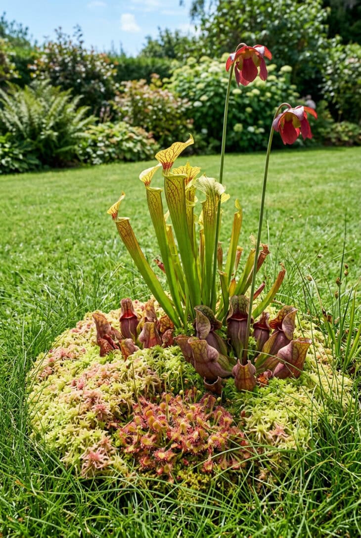 Sunny bog garden of yellow trumpet pitcher plants, purple pitcher plants and red sundews in sphagnum moss