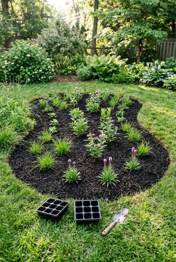 Newly planted rain garden with young native plugs set in an even grid in fresh dark mulch