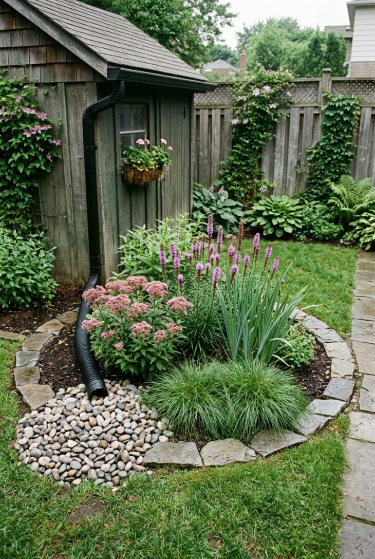 Small round rain garden in a fenced backyard corner planted with compact Joe Pye weed, blazing star and sedge