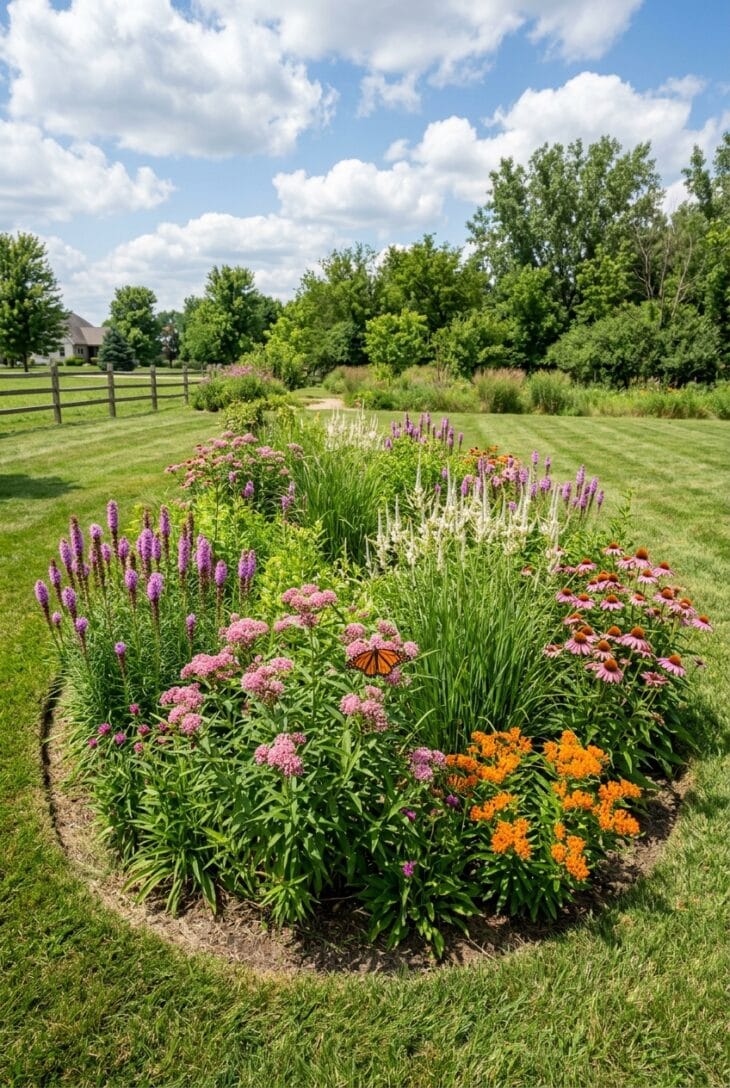 Oval prairie-style rain garden of blazing star, swamp milkweed and Culver's root with a monarch butterfly feeding