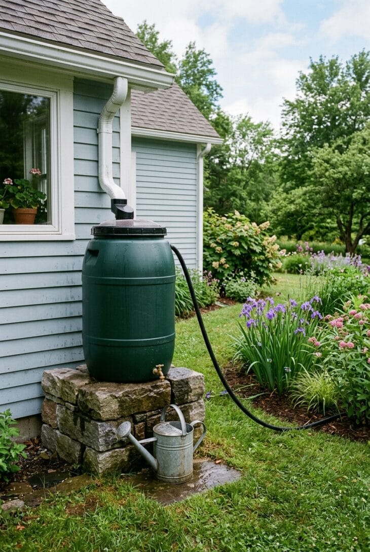 Green rain barrel on a stone platform with an overflow hose leading to a small planted rain garden