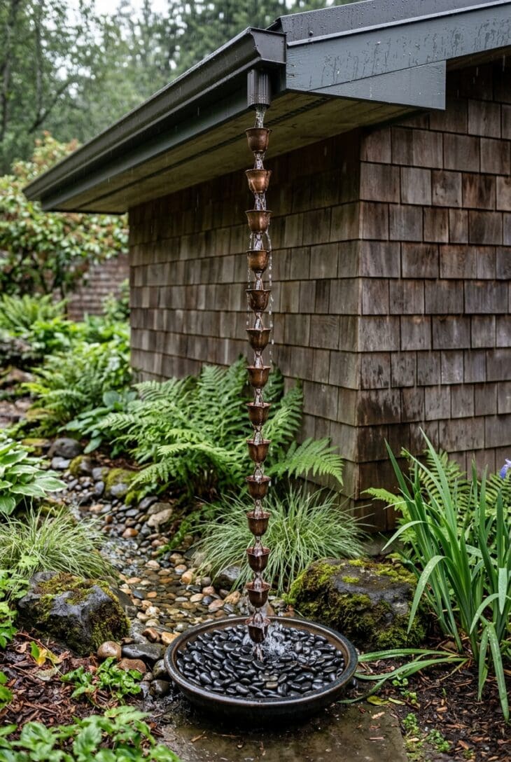 Copper rain chain pouring rainwater into a basin of black pebbles beside a small bed of ferns and sedges